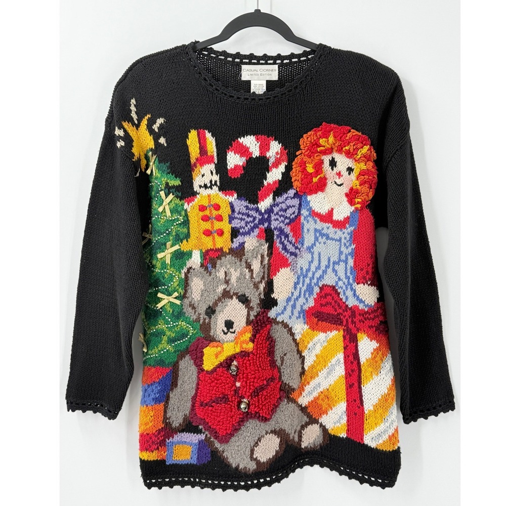 Vtg 80s Casual Corner Sweater Womens S Christmas Holiday Bear Doll textured 3d